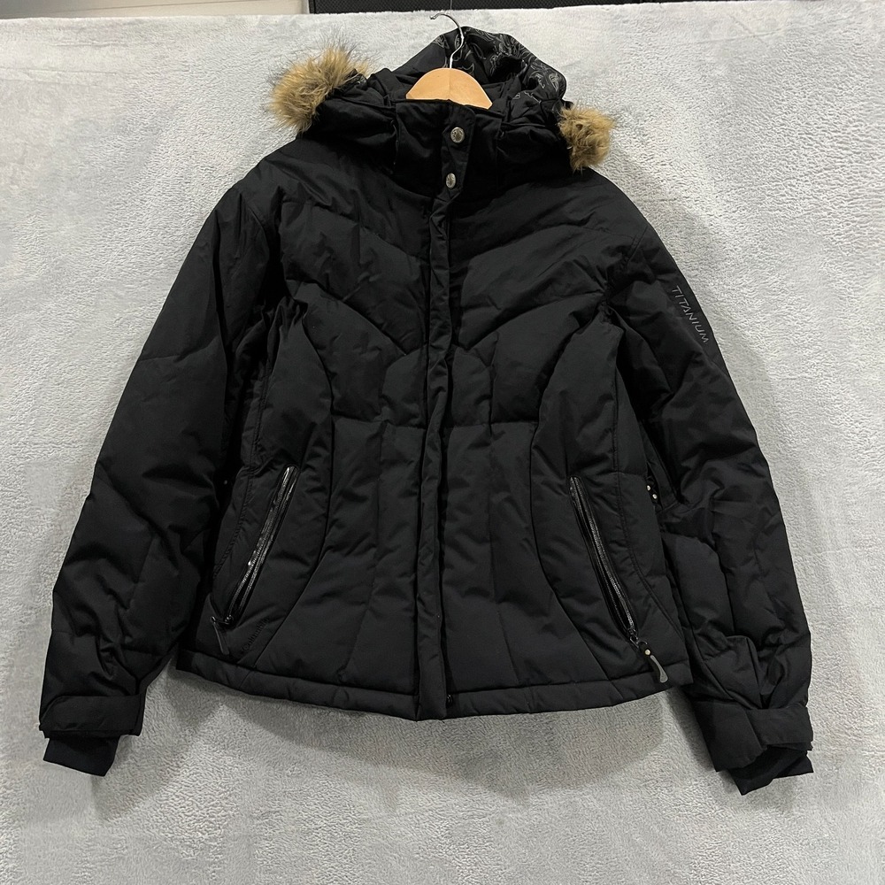 Columbia Titanium Down Jacket Womens XL Black 550‎ Faux Fur Hood Waterproof